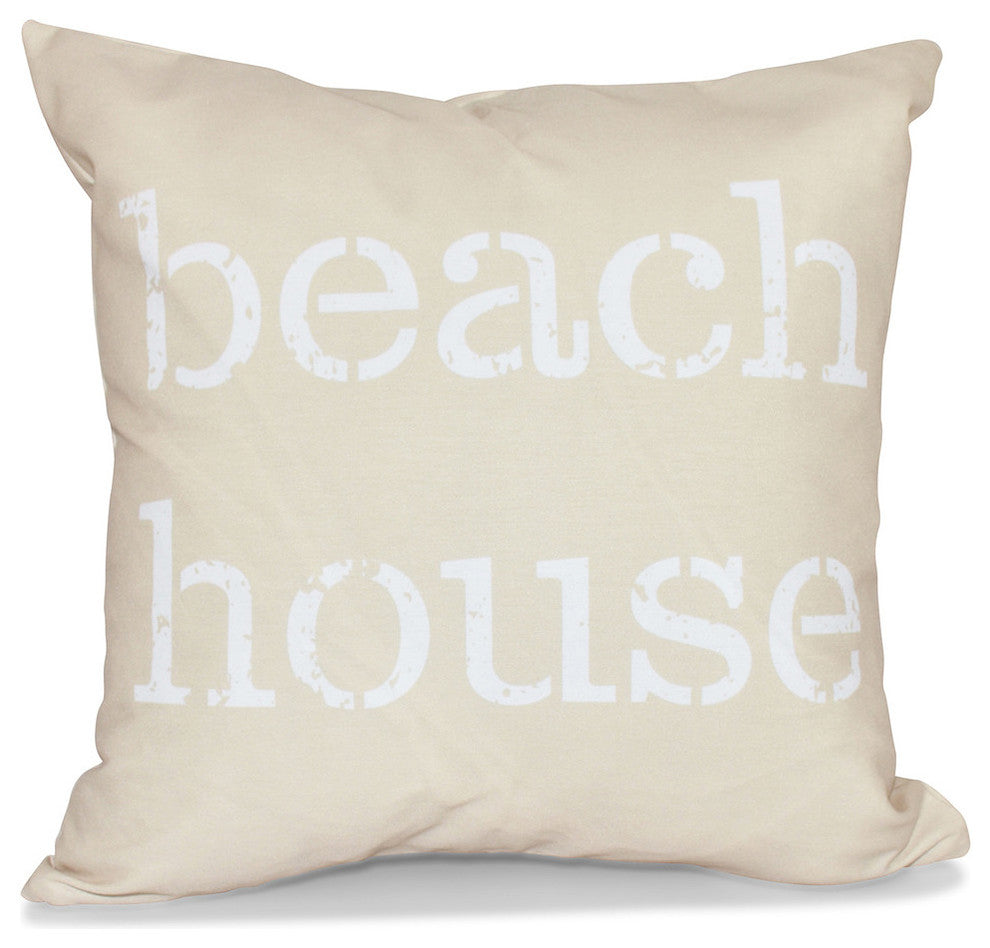 Beach House, Word Print Outdoor Pillow, Taupe And Beige, 20"x20"