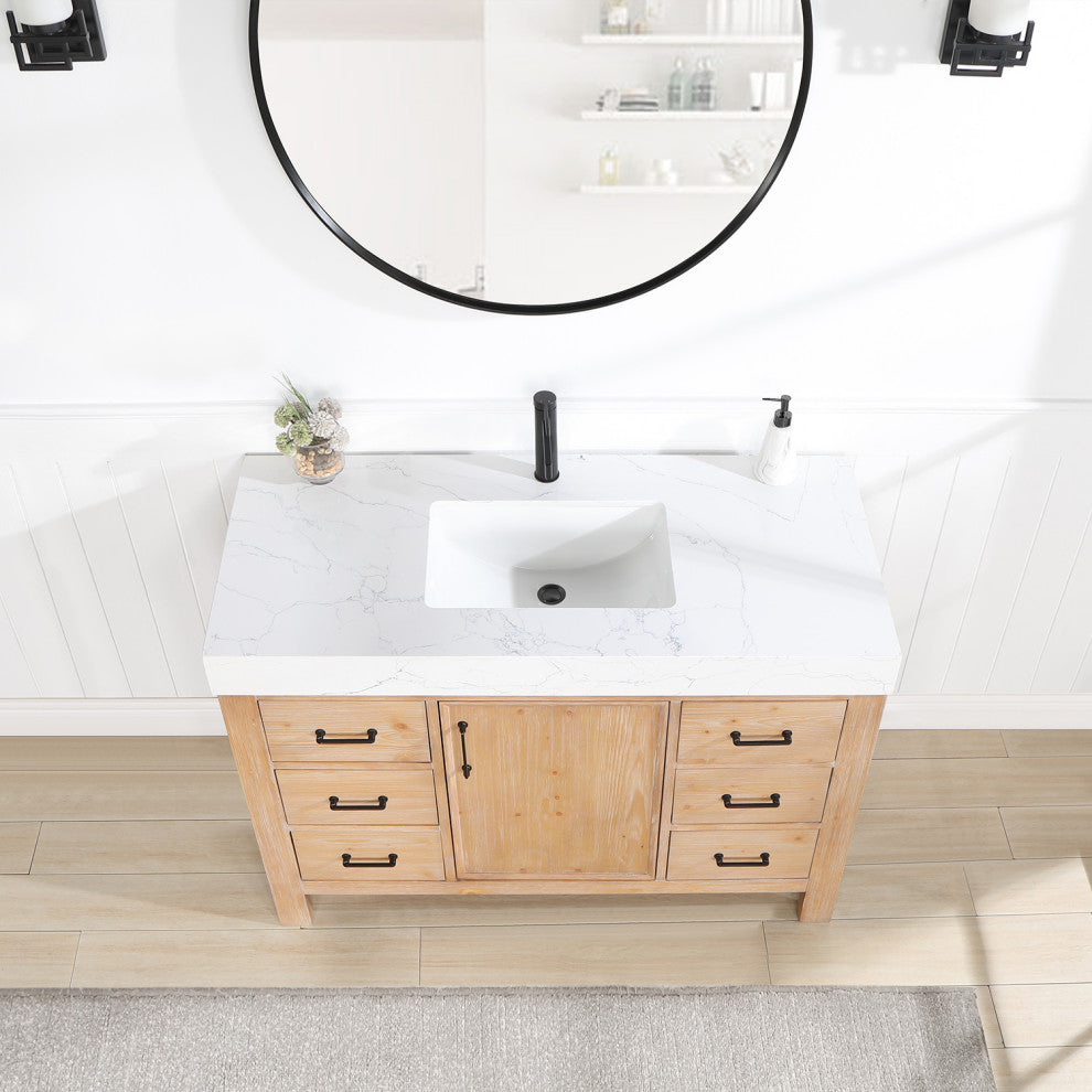 Leon Bath Vanity With Composite Stone Top, Fir Wood Brown, 48", With Mirror