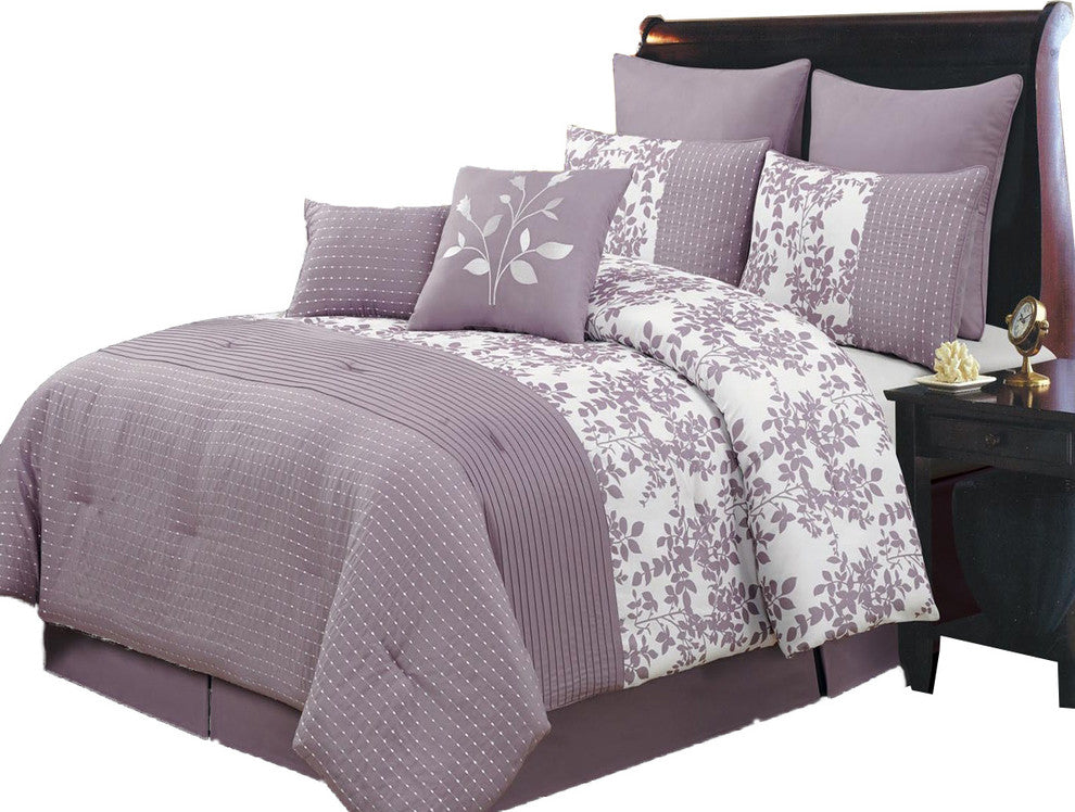 Bliss 100% Polyester 8PC Floral Bedding Set, Purple, Olympic Queen