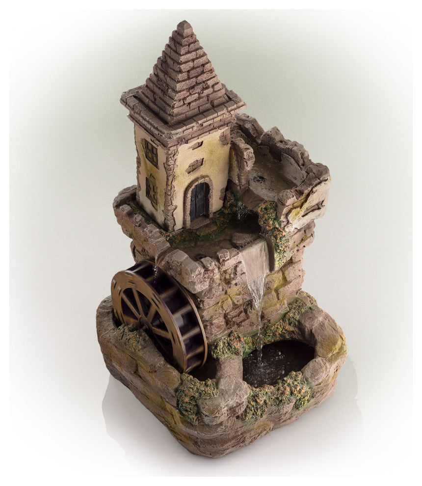 35" Tall Outdoor Fairy Castle Waterwheel Tiered Fountain Yard Art Decoration