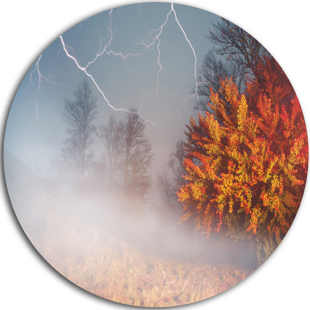 Storm And Lighting In Autumn Forest, Landscape Round Wall Art, 38"