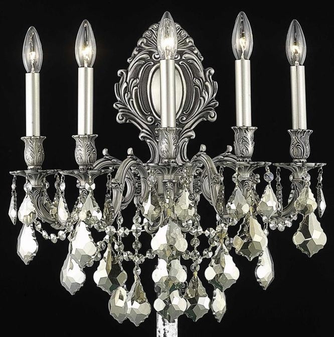 Elegant Monarch Wall Sconce, Pewter Finish With Royal Cut Crystal