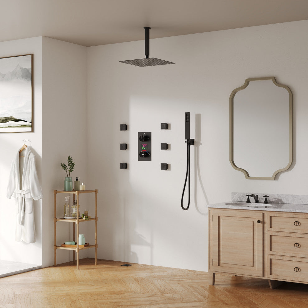 Digital Shower System 12" Rainfall Shower Head With 6 Body Jets, Matte Black