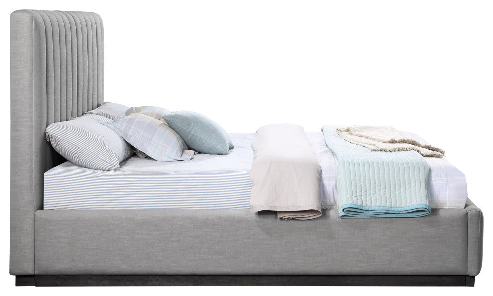 Lucia Beige Linen Textured Fabric Full Bed, Gray, King, Black Finish