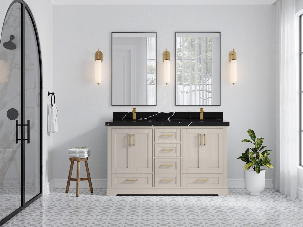 Boston 60" Double Bathroom Vanity in Fine Grain 2" Calacatta Black