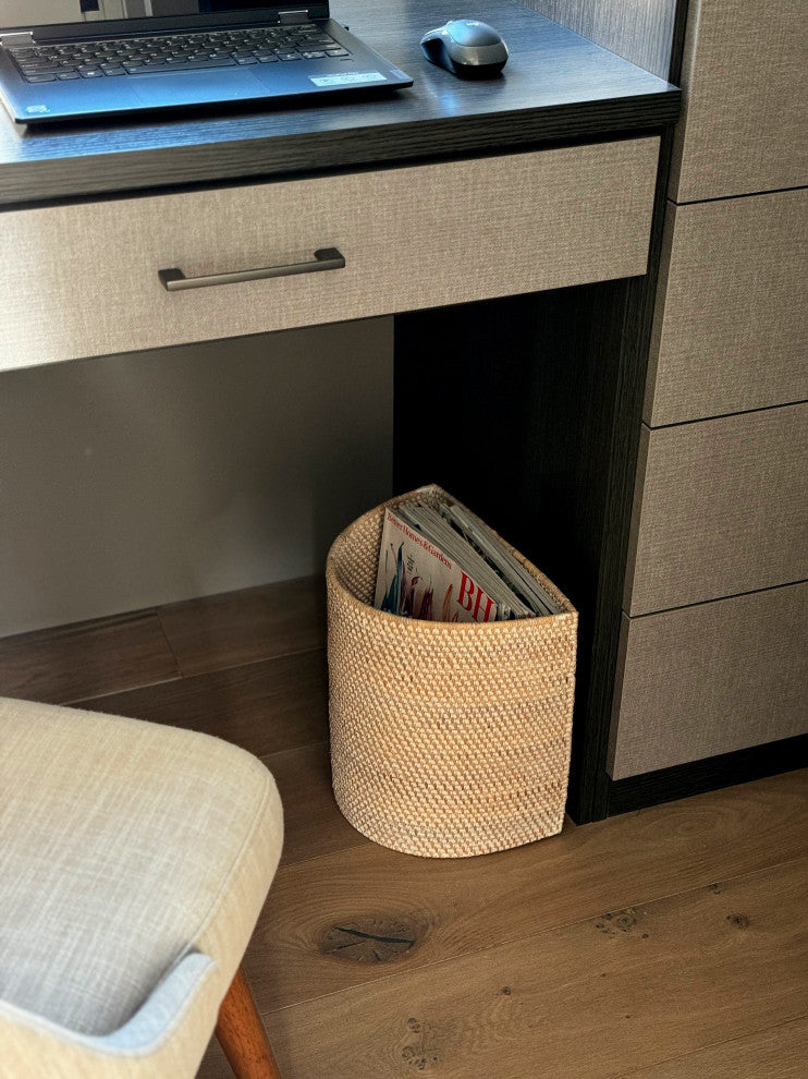 Loma Handwoven Half-Moon Rattan Waste Basket, Honey Brown, White-Wash