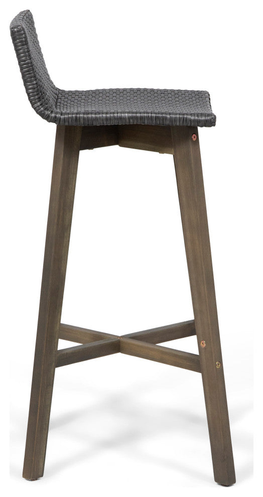 Jessie Outdoor Wood and Wicker Barstool, Set of 4, Gray, Gray Finish