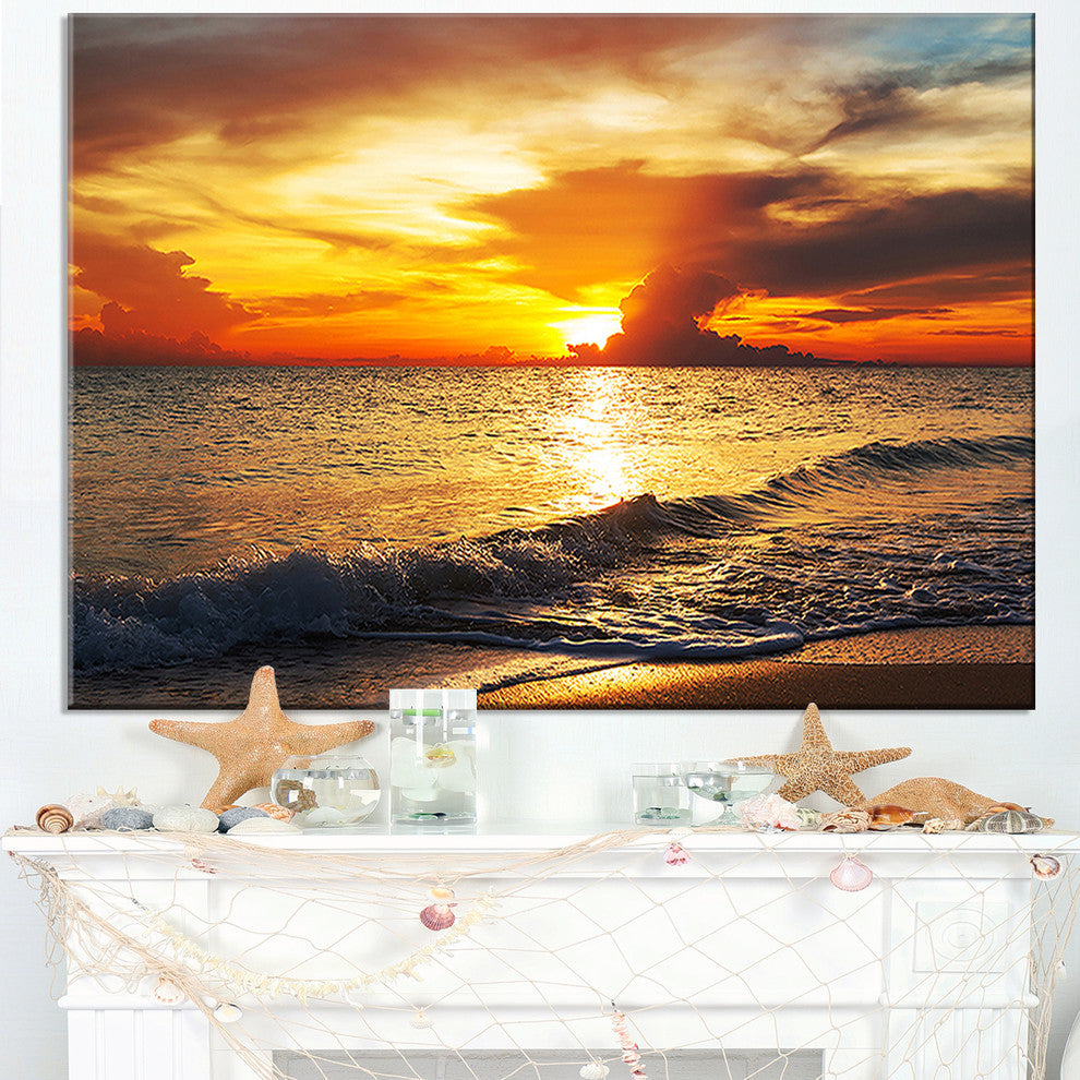 "Colorful Dramatic Sunset Over Waves" Modern Beach Canvas Art Print, 40"x30"