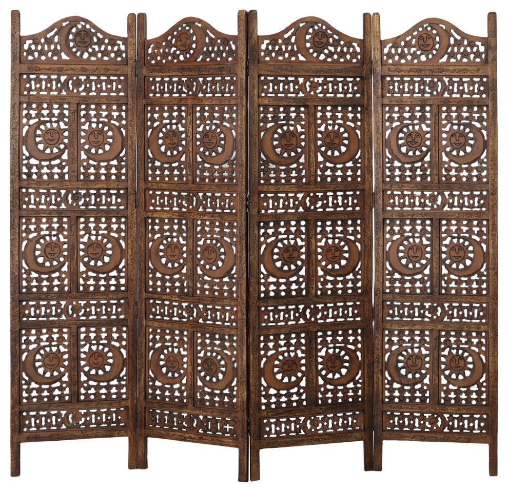 71" 4 Panel Mango Wood Room Divider Hand Carved Sun and Moon Design Brown