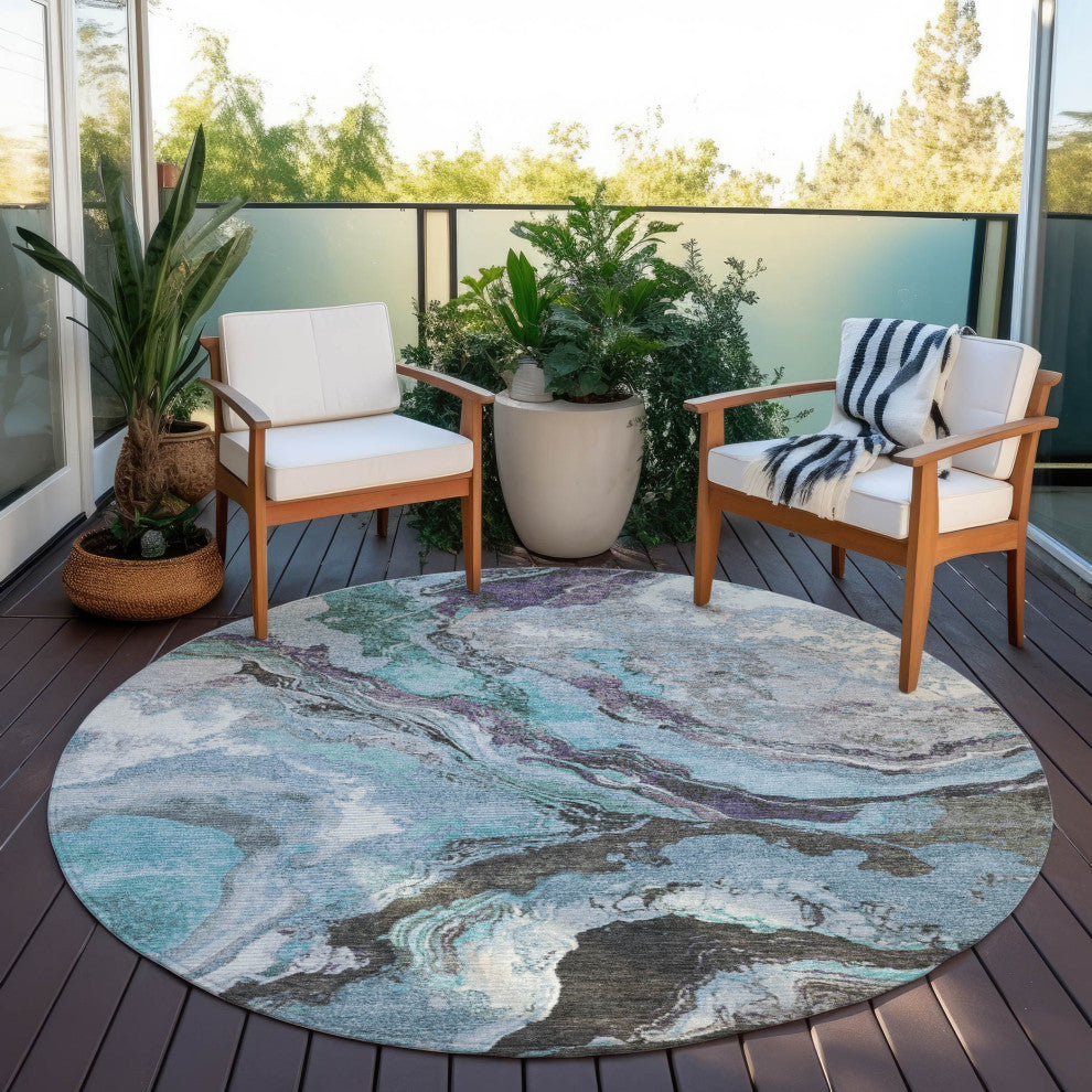 Machine Washable Indoor/Outdoor Chantille ACN1908 Teal 8' x 8' Round Rug