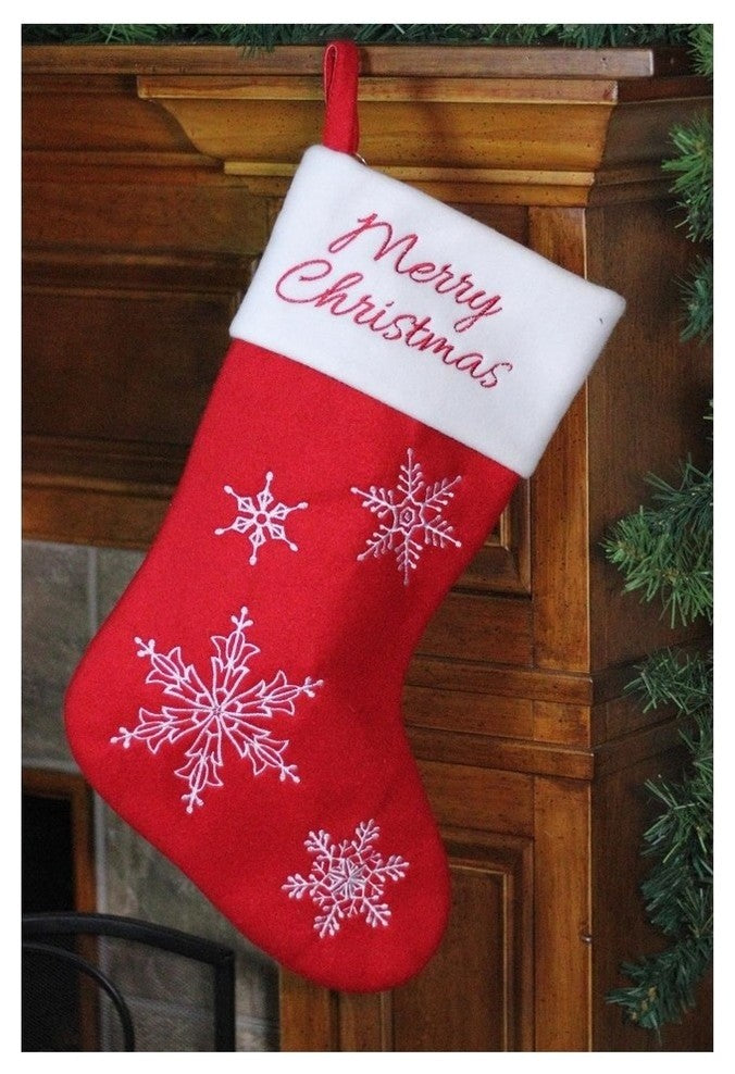 16" Red and White "Merry Christmas" Snowflake Embroidered Christmas Stocking