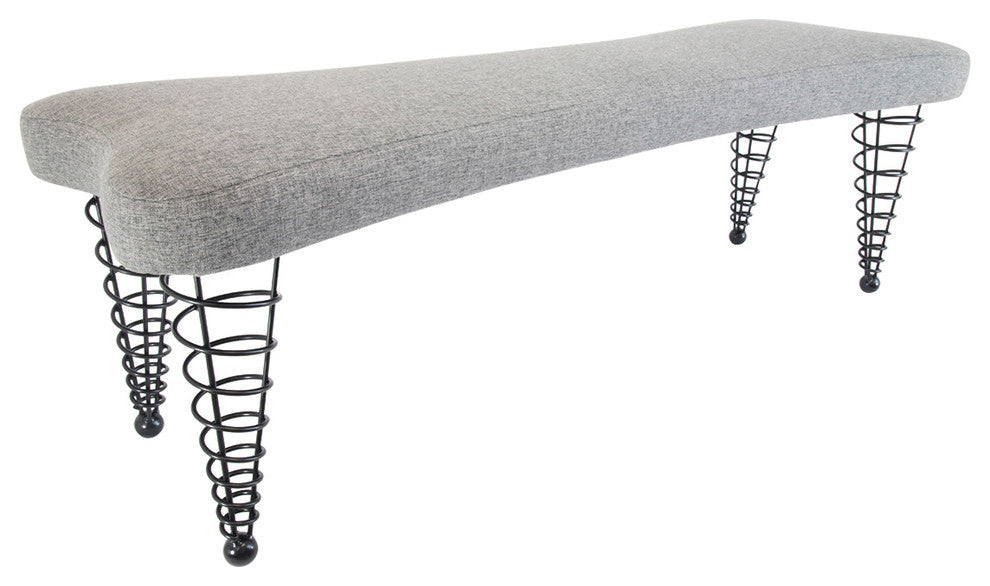 Modern Upholstered Bench from Spiral Cone Legs, Grey Tweed, 59-Inch