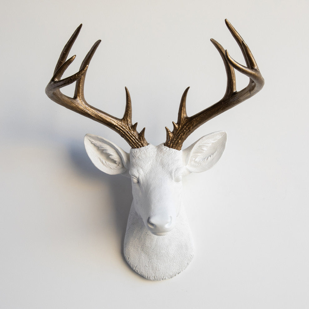 Faux Deer Head Wall Mount - 14 Point Stag Head Antlers, White and Bronze