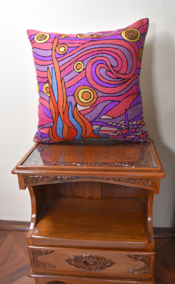 Pink Starry Night Pillow Cover Van Gogh Cushion Hand Embroidered 18x18