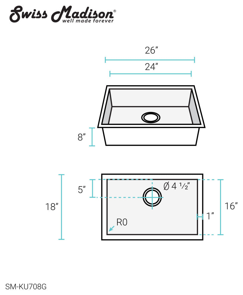 Tourner 26"x18" Stainless Steel, Single Basin, Undermount Sink, Gold