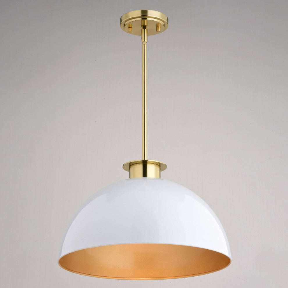 Devon 1L Glossy White and Gold Satin Brass Mid-Century Modern Pendant Light