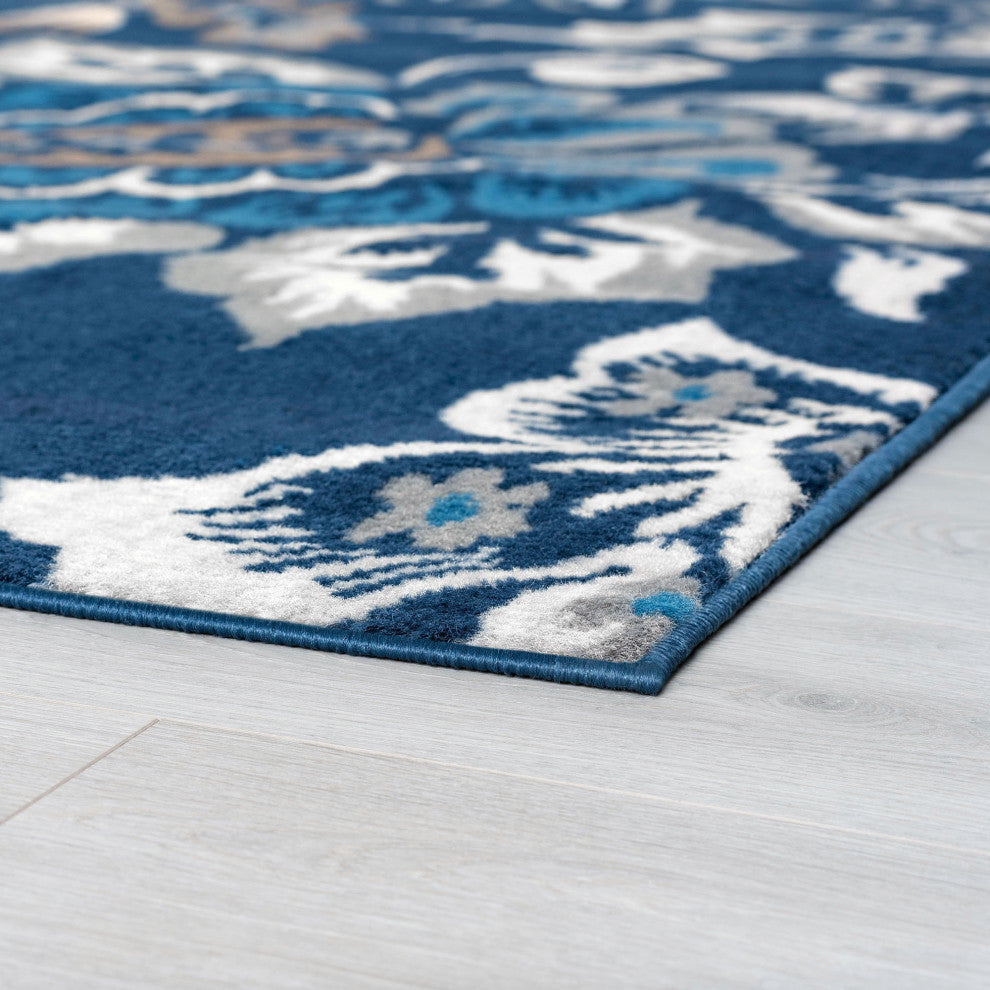 Stella Traditional Floral Dark Blue Runner Rug, 2'x7'