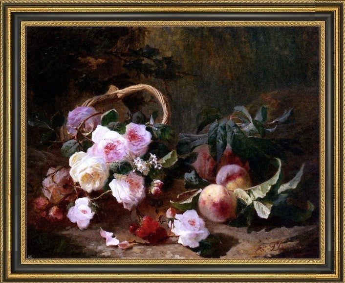 Pierre Bourgogne Basket of Roses and Fruits Framed Premium Canvas Print, 20"x25"
