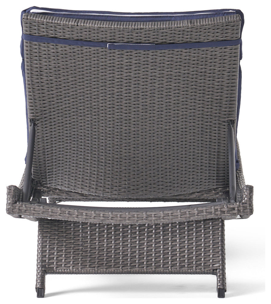 GDF Studio Nassau Outdoor Gray Wicker Chaise Lounge, Navy Blue Cushion