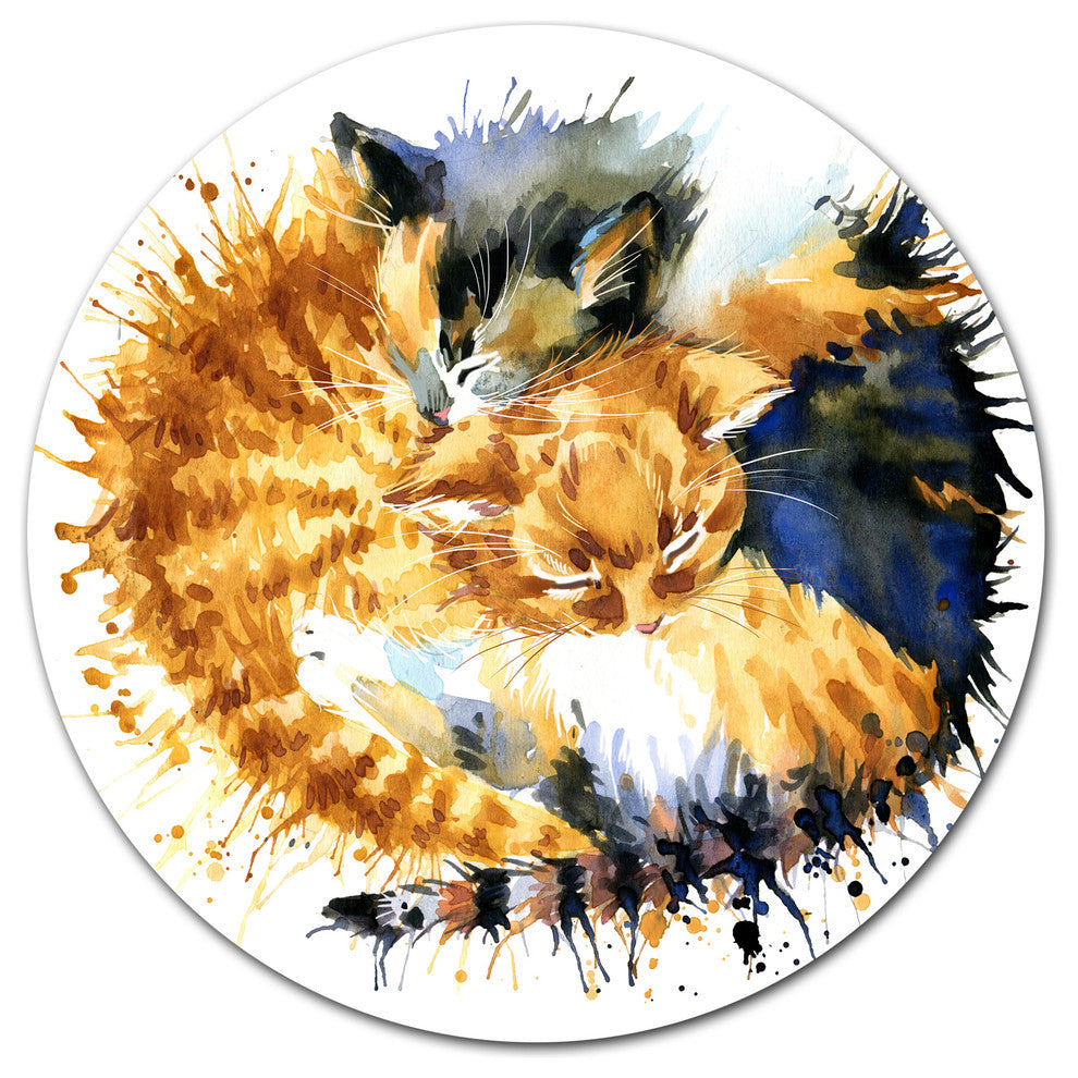 Cute Kitten Graphical Illustration, Animal Round Metal Wall Art, 11"