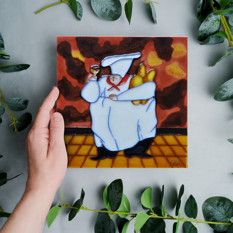 8x8" Fat Chef With Bread Ceramic Art Tile Hand Painted Trivet Hot Plate