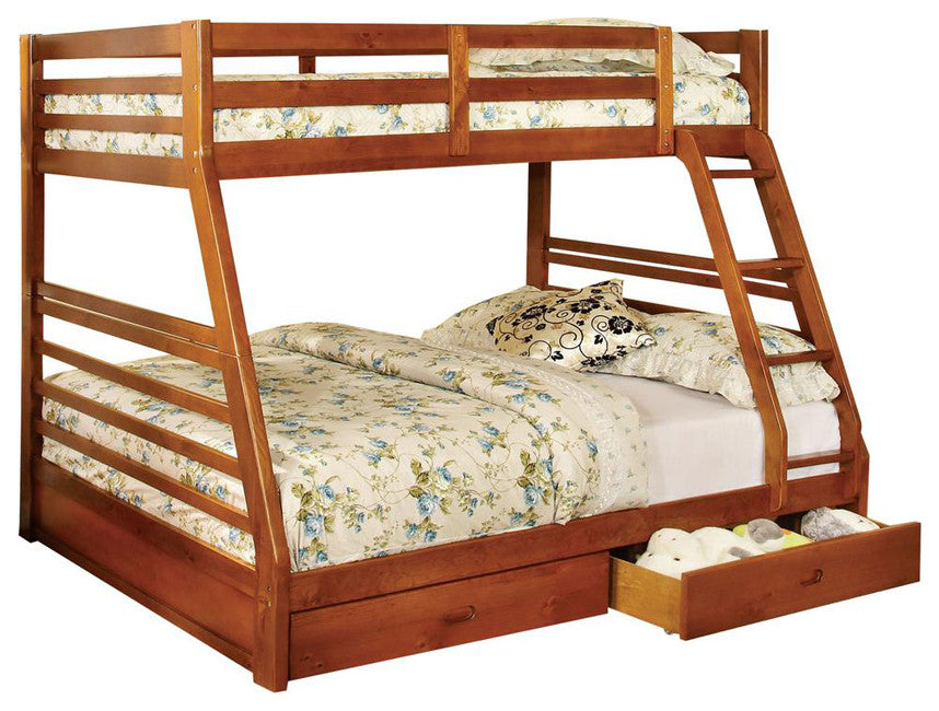 Wooden Twin Over Full Bunk Bed with 2 Drawers, Oak