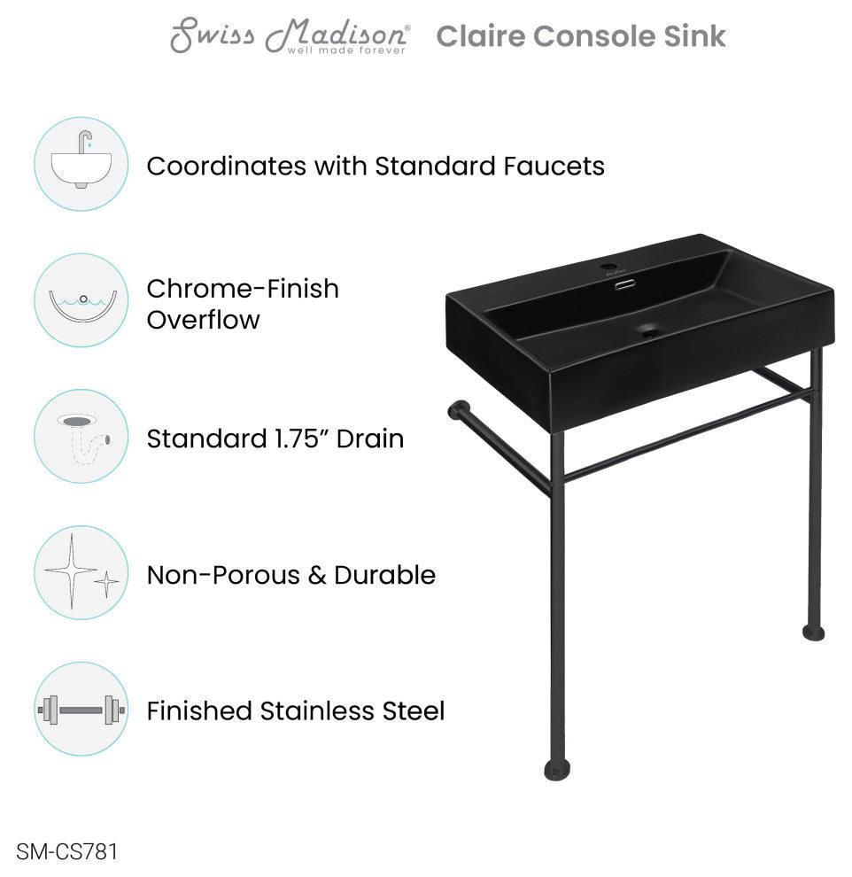Claire 24" Ceramic Console Sink Matte Black Basin Black Legs
