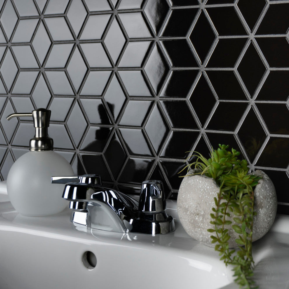 Metro Rhombus Glossy Black Porcelain Floor and Wall Tile