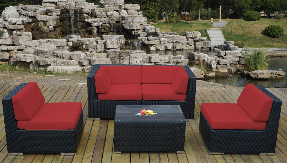 Ohana 5-Piece Deep Seating Sectional Set, Sunbrella Jockey Red, Black
