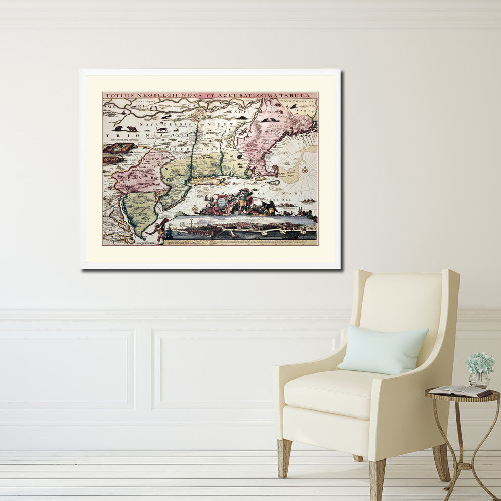 New England Vintage Old Map Print On Canvas With Picture Frame 28" X 37"