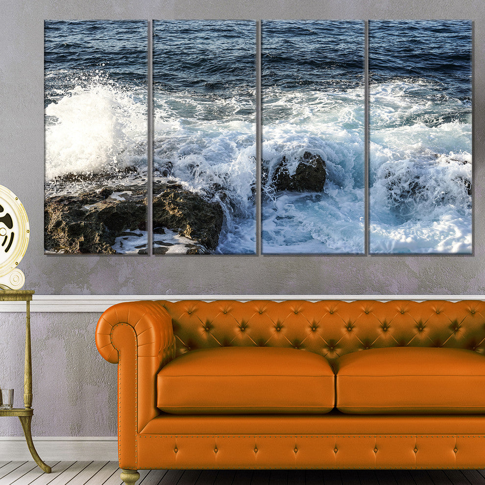 "Waves Breaking on Stony Beach" Seascape Wall Art, 4 Panels, 48"x28"