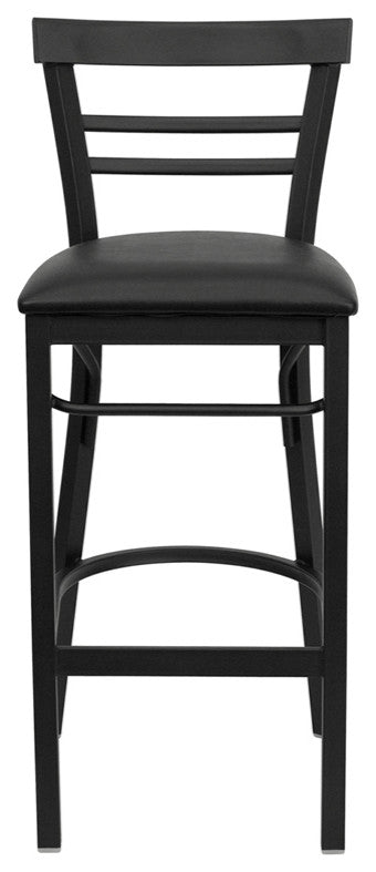 Black Ladder Back Metal Restaurant Barstool, Black Vinyl Seat