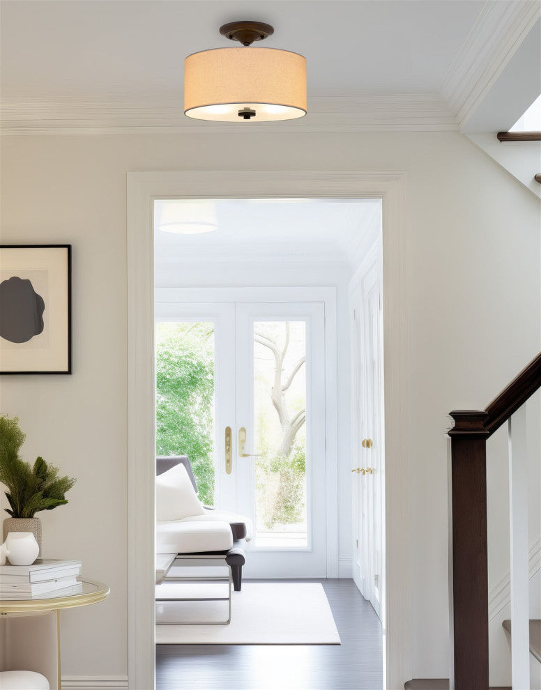 Kira Home Addison 13" Ceiling Light, Off-White Fabric Drum Shade, Bronze