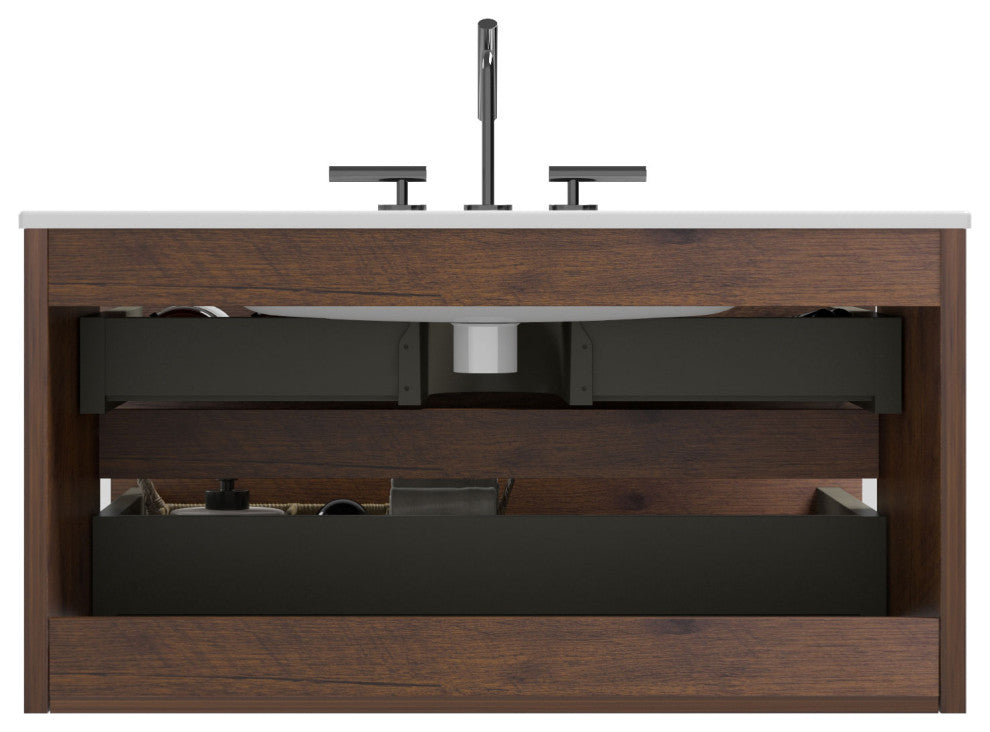 Wall-Mounted Bathroom Vanity Set with Ceramic Sink, Walnut, 36"