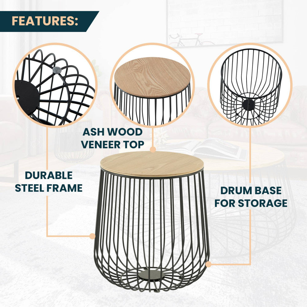 LeisureMod Runswick Modern Wood Top End Table With Metal Base, Natural Wood