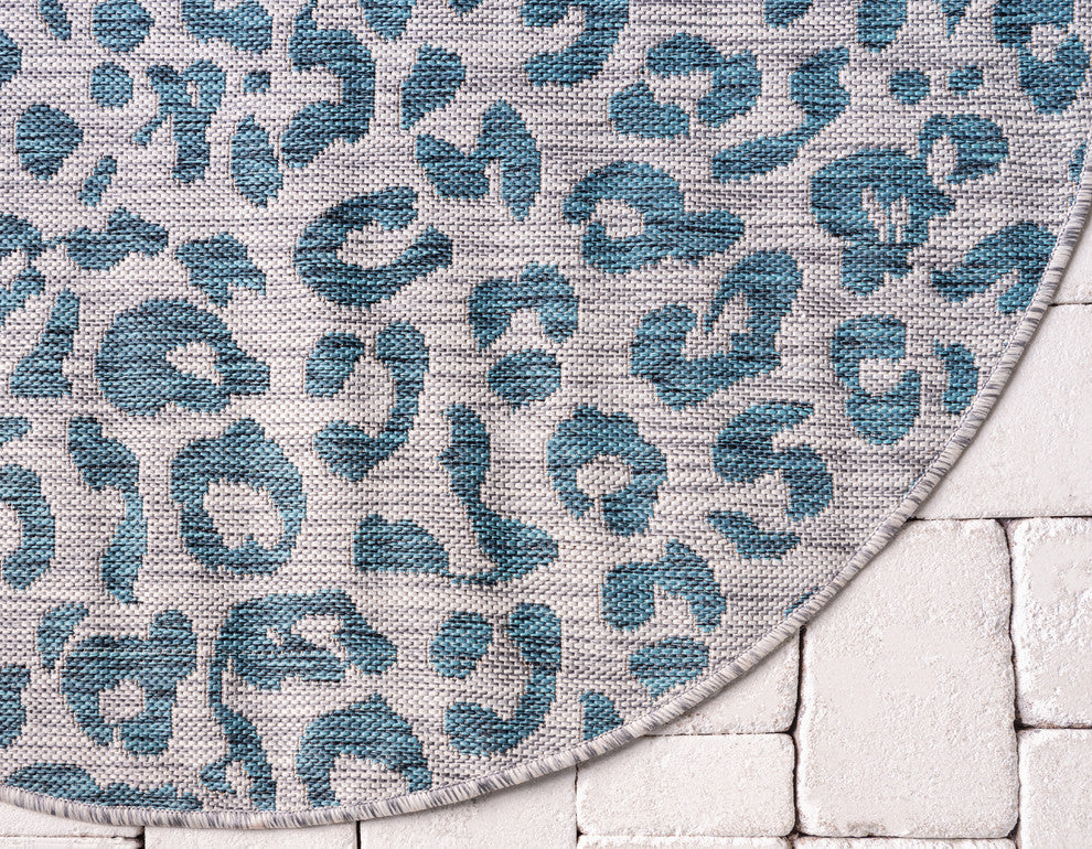 Unique Loom Teal Leopard Outdoor Rug, Teal, Gray, 4' X 4'