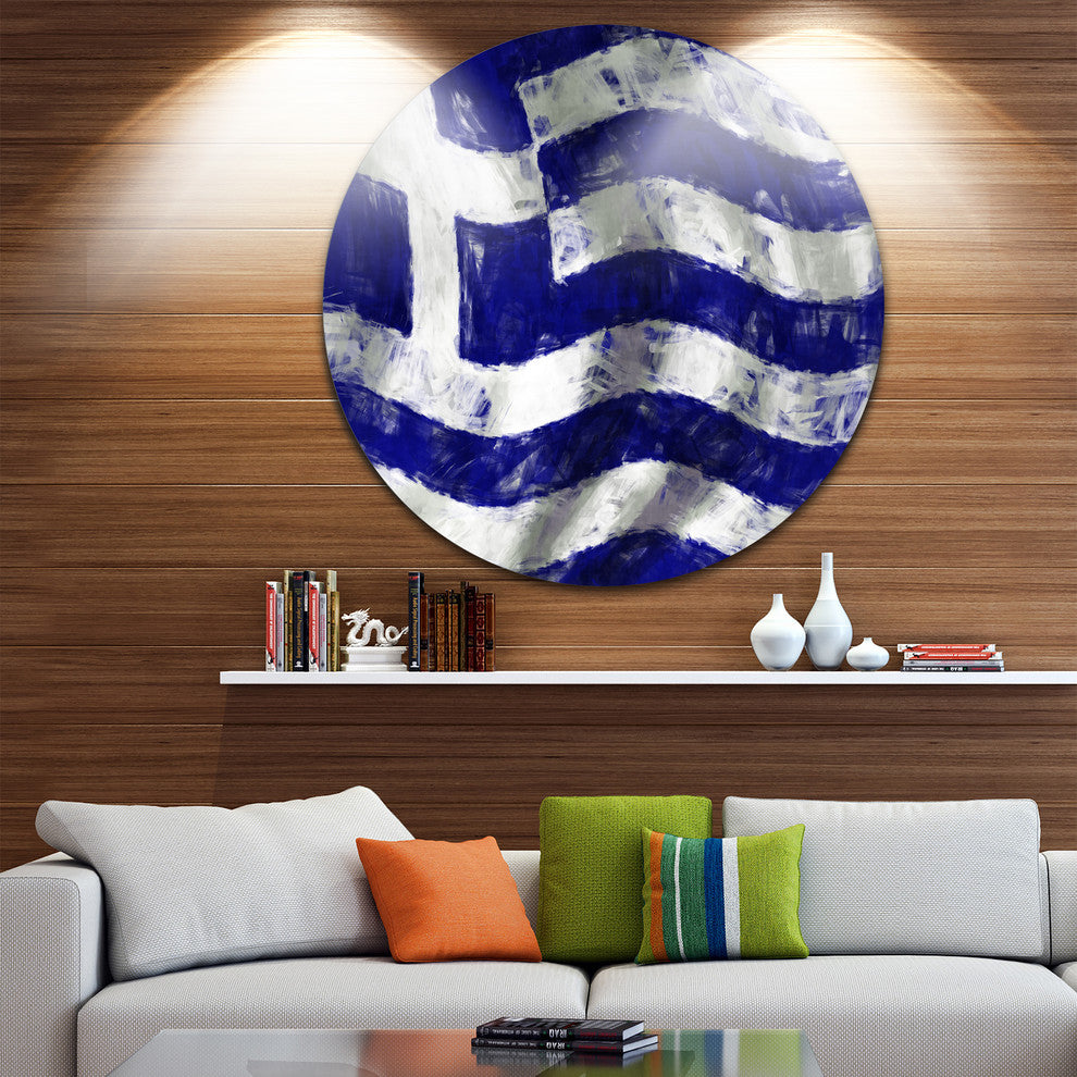 Flag Of Greece, Contemporary Round Metal Wall Art, 23"