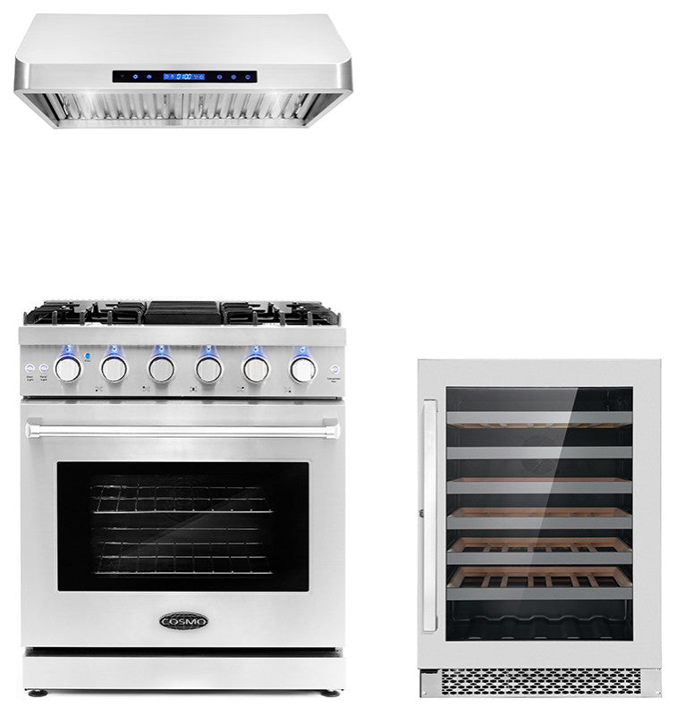3-Piece, 30" Gas Range, 30" UC Range Hood and 48 Bottle Wine Refrigerator