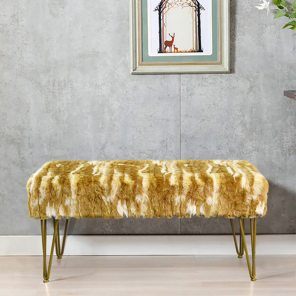 Soft Faux Fur Ottoman Fuzzy Entryway Bench Seat, Gold, 46"x16"x22"