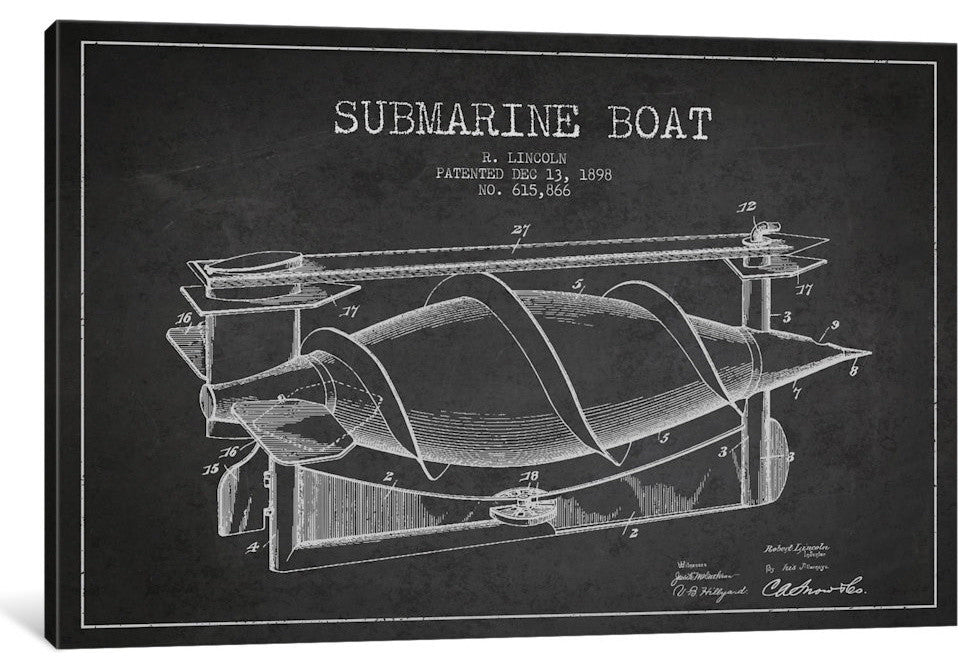 "Submarine Vessel Charcoal Patent Blueprint" by Aged Pixel, 26x18x1.5