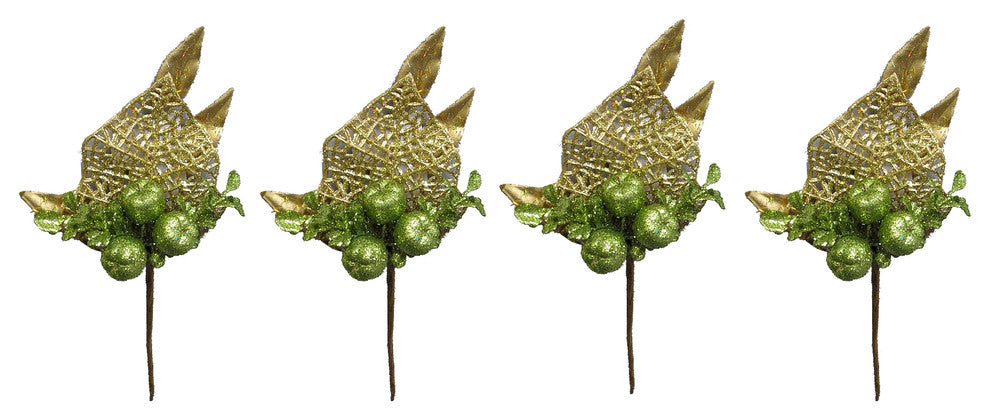 4 Pieces 9" Glitter Apple and Tea Leave Christmas Pick, Green