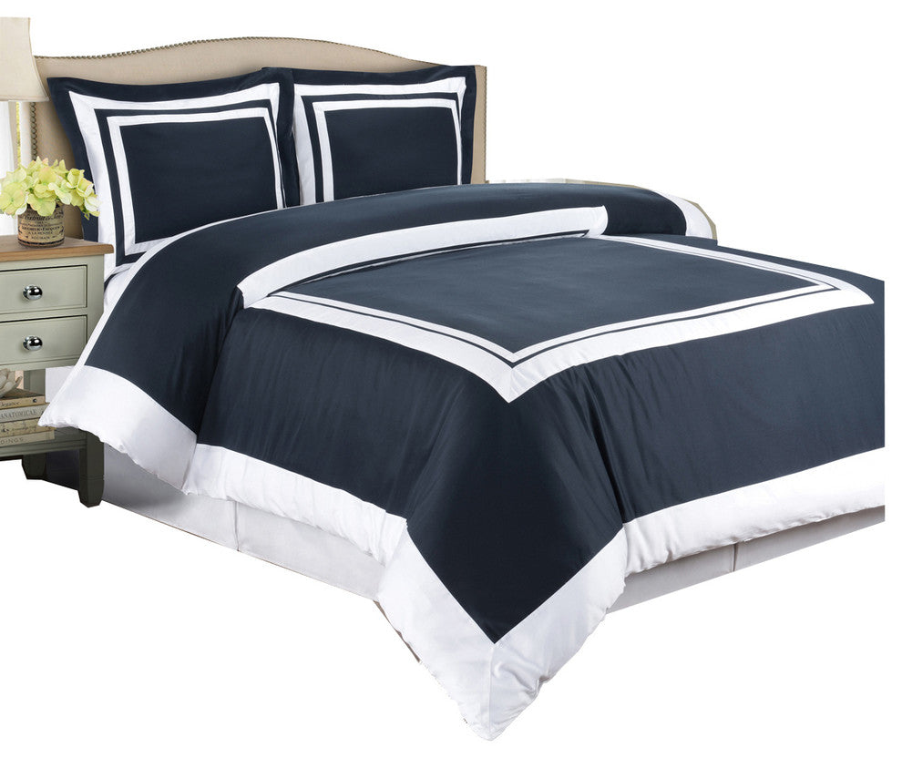 Hotel 100% Cotton Duvet Cover Set, Navy and White, Full/Queen