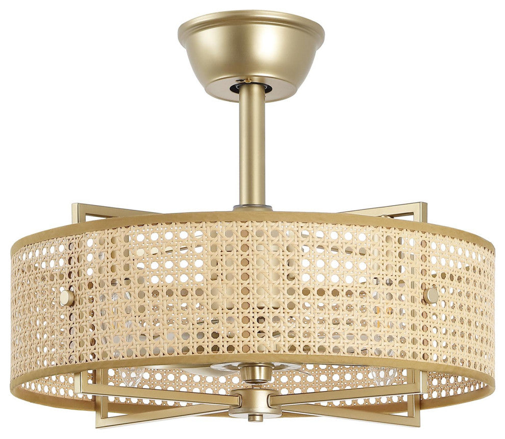 GetLedel 18" Rattan Drum Caged Ceiling Fan With Light and Remote, Gold