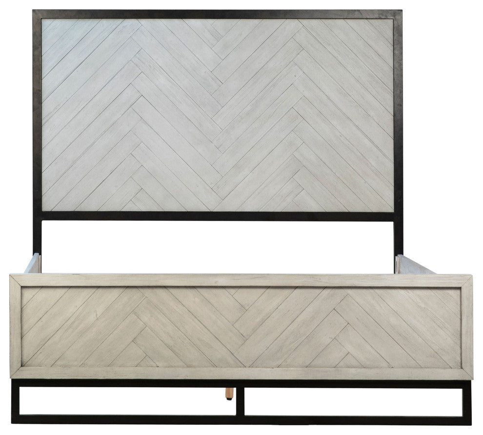 Vincent Acacia and Iron Panel Bed With Harringbone Headboard, Queen
