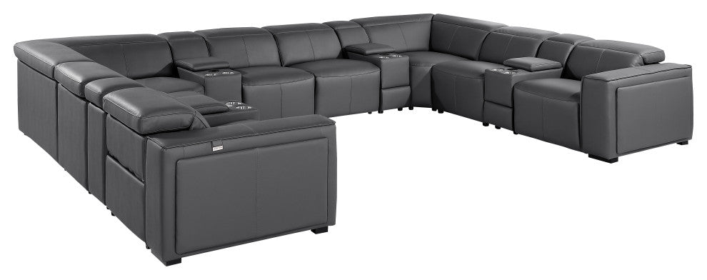 Niccolo Italian Leather 12-Piece U-Shaped 4 Power Reclining Sectional, Dark Gray