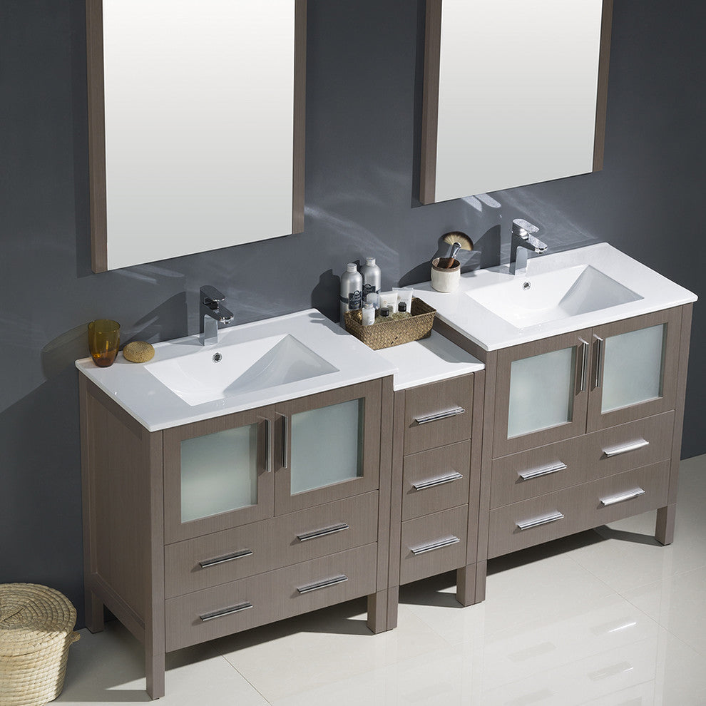 Torino 72" Gray Oak Modern Double Sink Bathroom Vanity, Faucet FFT9151BN