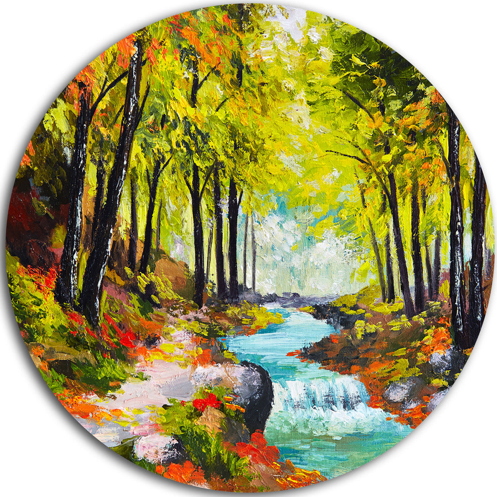 River In Green Autumn Forest, Landscape Painting Round Wall Art, 36"