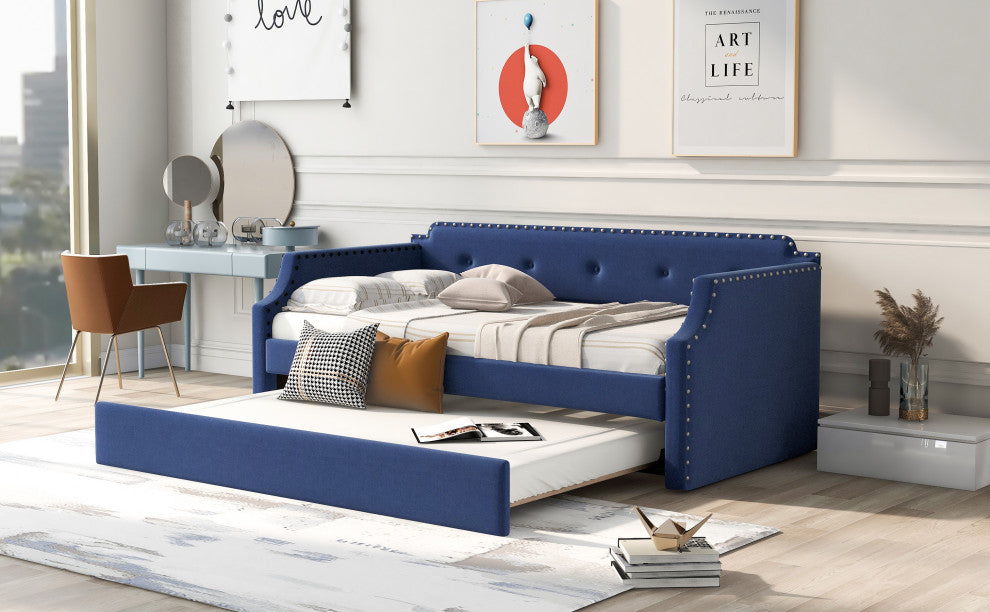 Elegant Linen Upholstered Daybed with Trundle, Blue