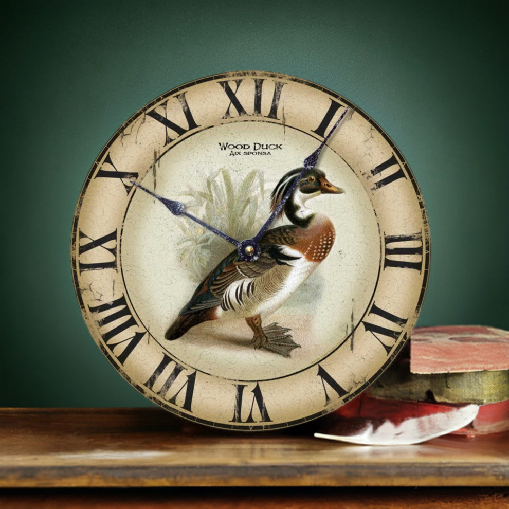 Vintage-Style Clock with Wood Duck, 12 Inch Diameter