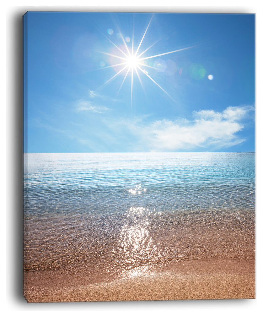 "Serene Seascape With Bright Sun" Modern Beach Canvas Art Print, 12"x20"